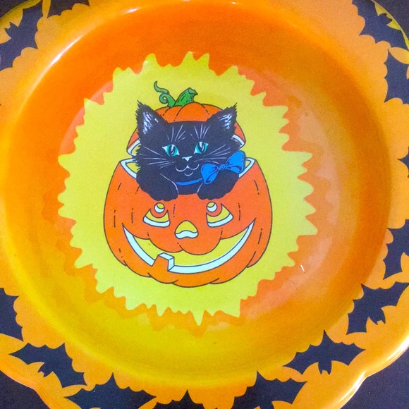 Vintage Rare Halloween Themed Hard Plastic Bowl - Jack O' Lantern, Cat & Bats - Picture 5 of 9